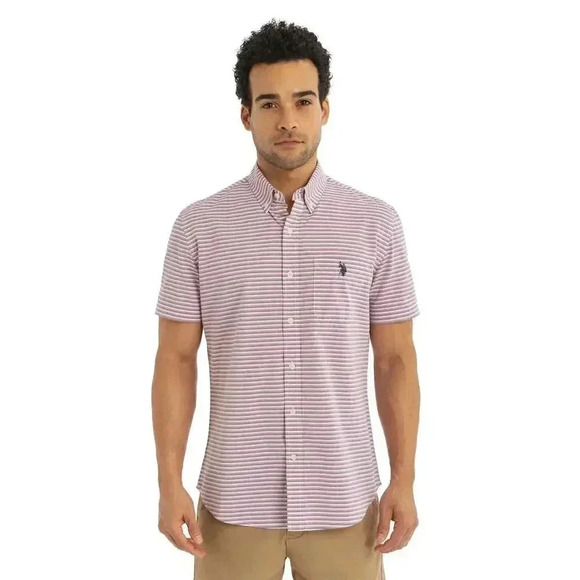 US Polo Assn.  Dress Shirt Classic Short Sleeve Blue Red Stripes L - Picture 1 of 5